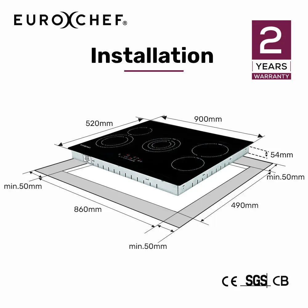 EuroChef 90cm 5 Zone Ceramic Cooktop, 8900W Electric, FlexiZone Adjustable Size Hobs, Touch Controls - Mekamart Australia