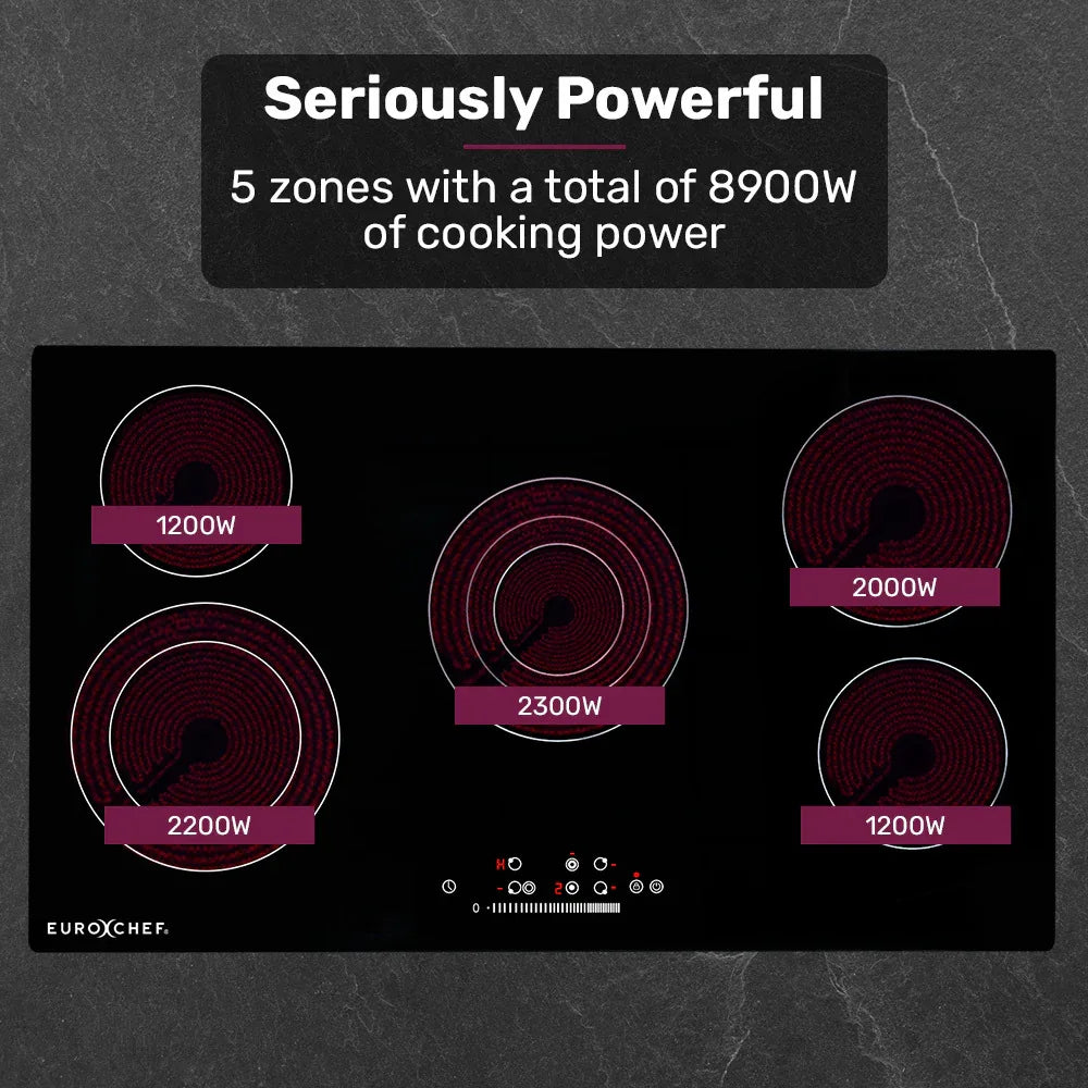 EuroChef 90cm 5 Zone Ceramic Cooktop, 8900W Electric, FlexiZone Adjustable Size Hobs, Touch Controls - Mekamart Australia