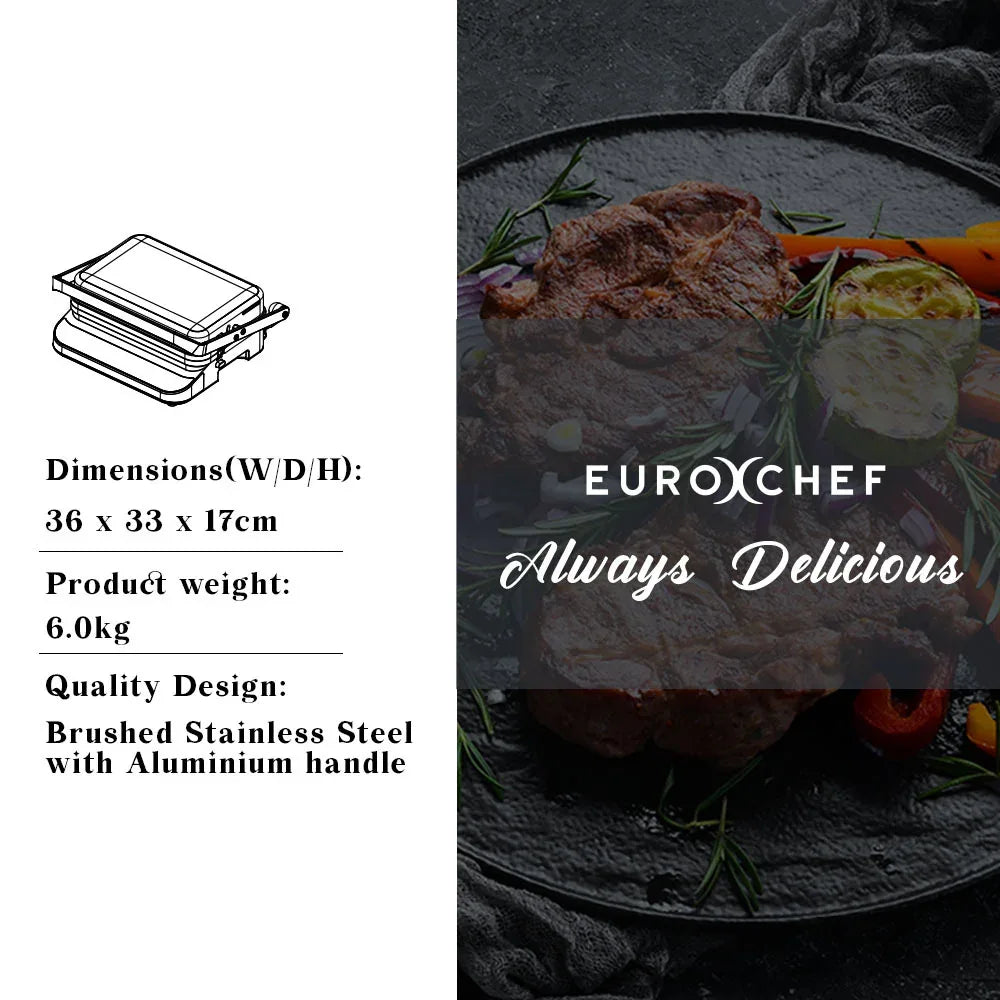 EUROCHEF Smart Multi Contact Grill Sandwich Press Panini Waffle Maker Griddle Stainless Steel - Mekamart Australia