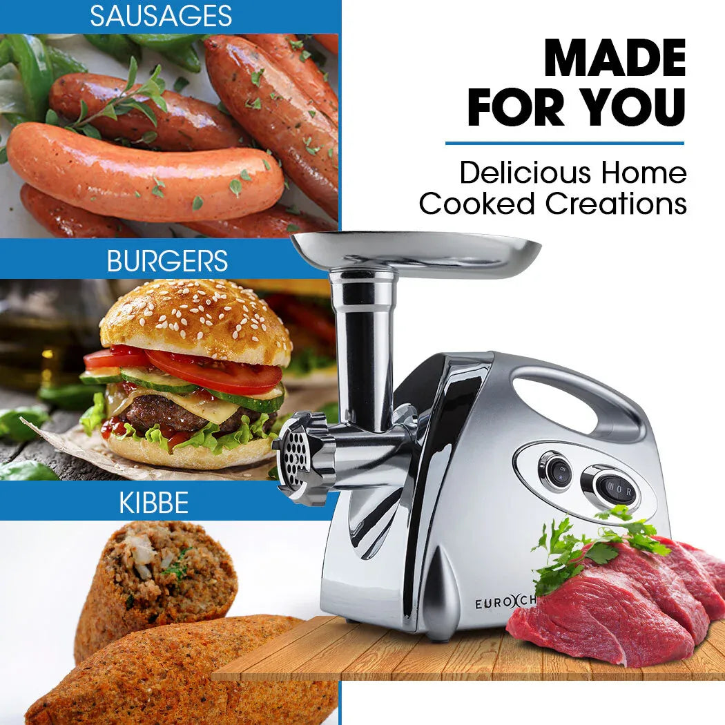 EUROCHEF Electric Meat Grinder, Stainless Steel Mincer Sausage Filler Kibbe Maker, Silver - Mekamart Australia