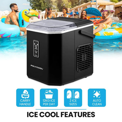 POLYCOOL Portable Ice Maker Machine, Automatic, 12kg/day, Auto Clean, with Scoop and Removable Basket, Black - Mekamart Australia