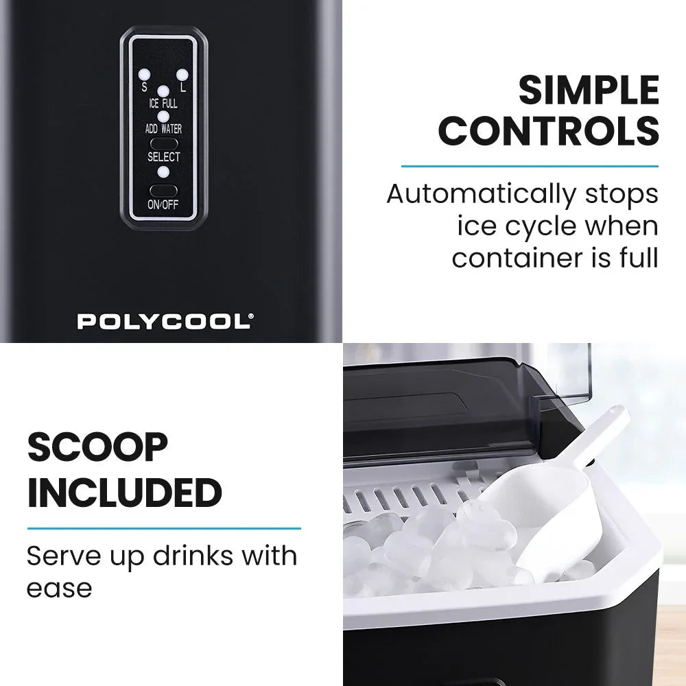 POLYCOOL Portable Ice Maker Machine, Automatic, 12kg/day, Auto Clean, with Scoop and Removable Basket, Black - Mekamart Australia