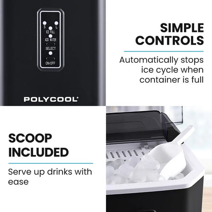 POLYCOOL Portable Ice Maker Machine, Automatic, 12kg/day, Auto Clean, with Scoop and Removable Basket, Black - Mekamart Australia