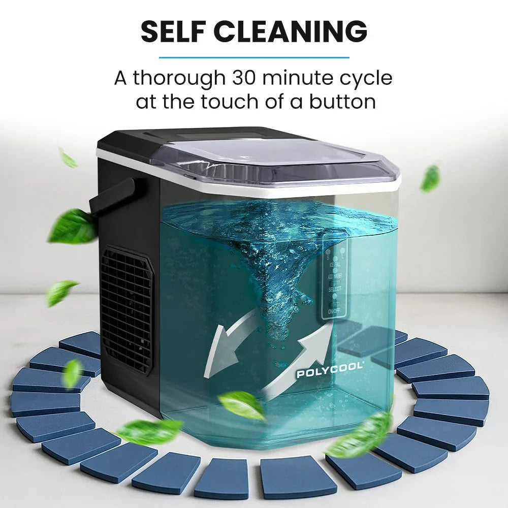 POLYCOOL Portable Ice Maker Machine, Automatic, 12kg/day, Auto Clean, with Scoop and Removable Basket, Black - Mekamart Australia