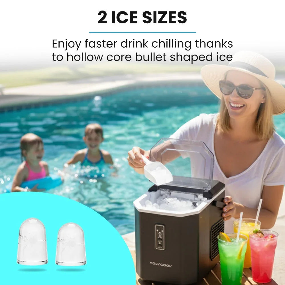 POLYCOOL Portable Ice Maker Machine, Automatic, 12kg/day, Auto Clean, with Scoop and Removable Basket, Black - Mekamart Australia