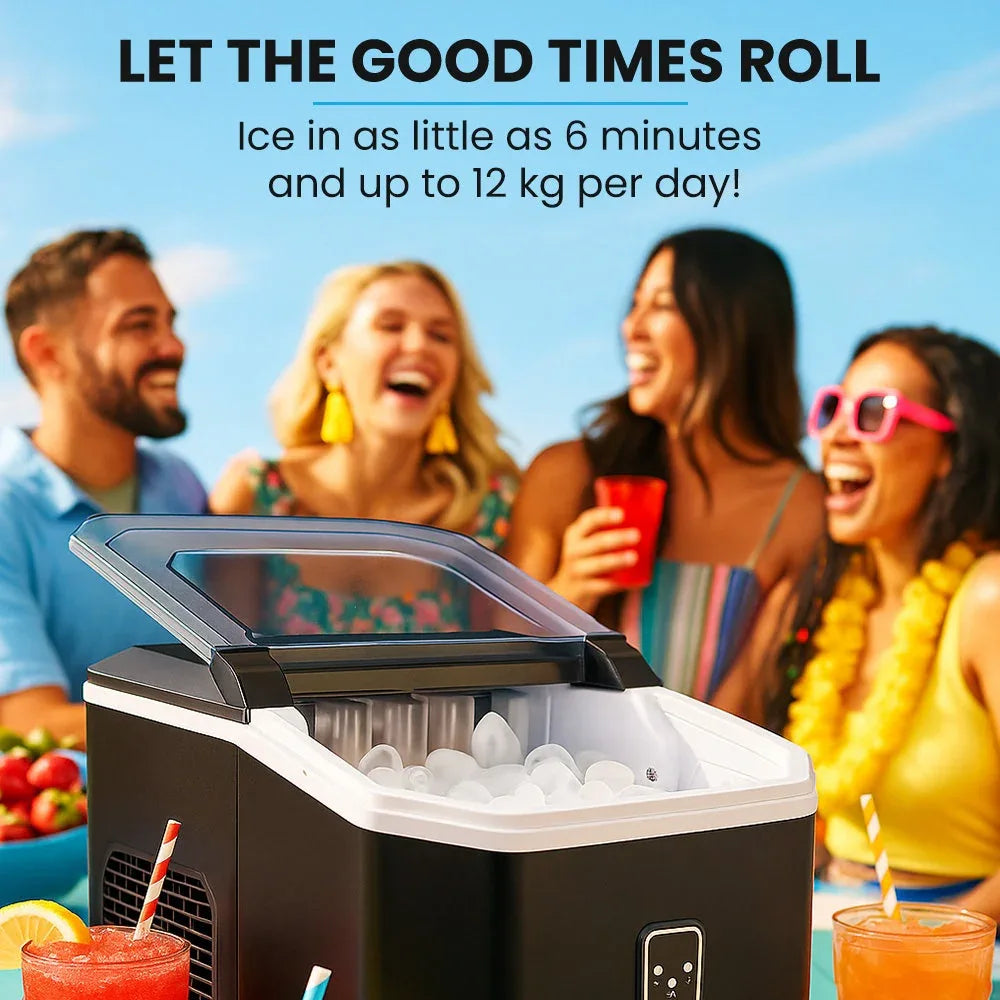POLYCOOL Portable Ice Maker Machine, Automatic, 12kg/day, Auto Clean, with Scoop and Removable Basket, Black - Mekamart Australia