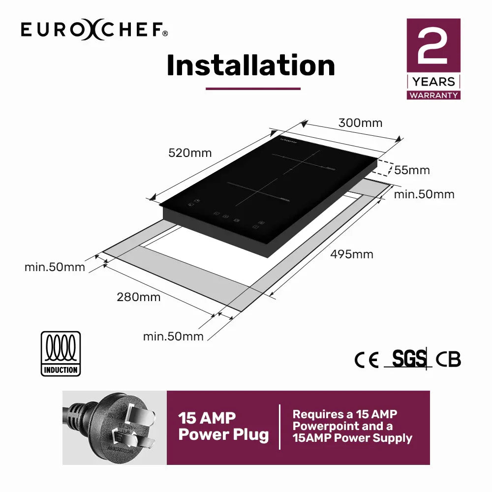EuroChef 30cm 2 Zone Induction Cooktop, 3300W Electric, Touch Controls - Mekamart Australia