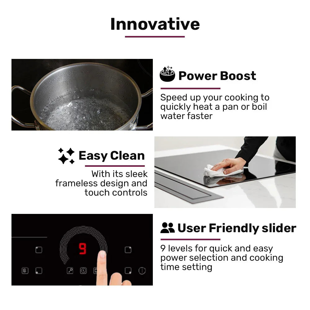 EUROCHEF 60cm 4 Zone Induction Cooktop, 7200W Electric, FlexZone Function, Touch Controls - Mekamart Australia