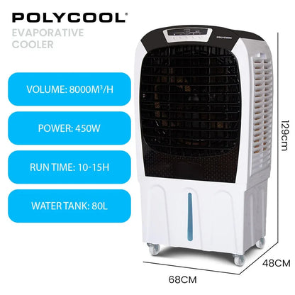 POLYCOOL 450W 80L Evaporative Air Cooler, Commercial Grade, Remote Control, Fan - Mekamart Australia