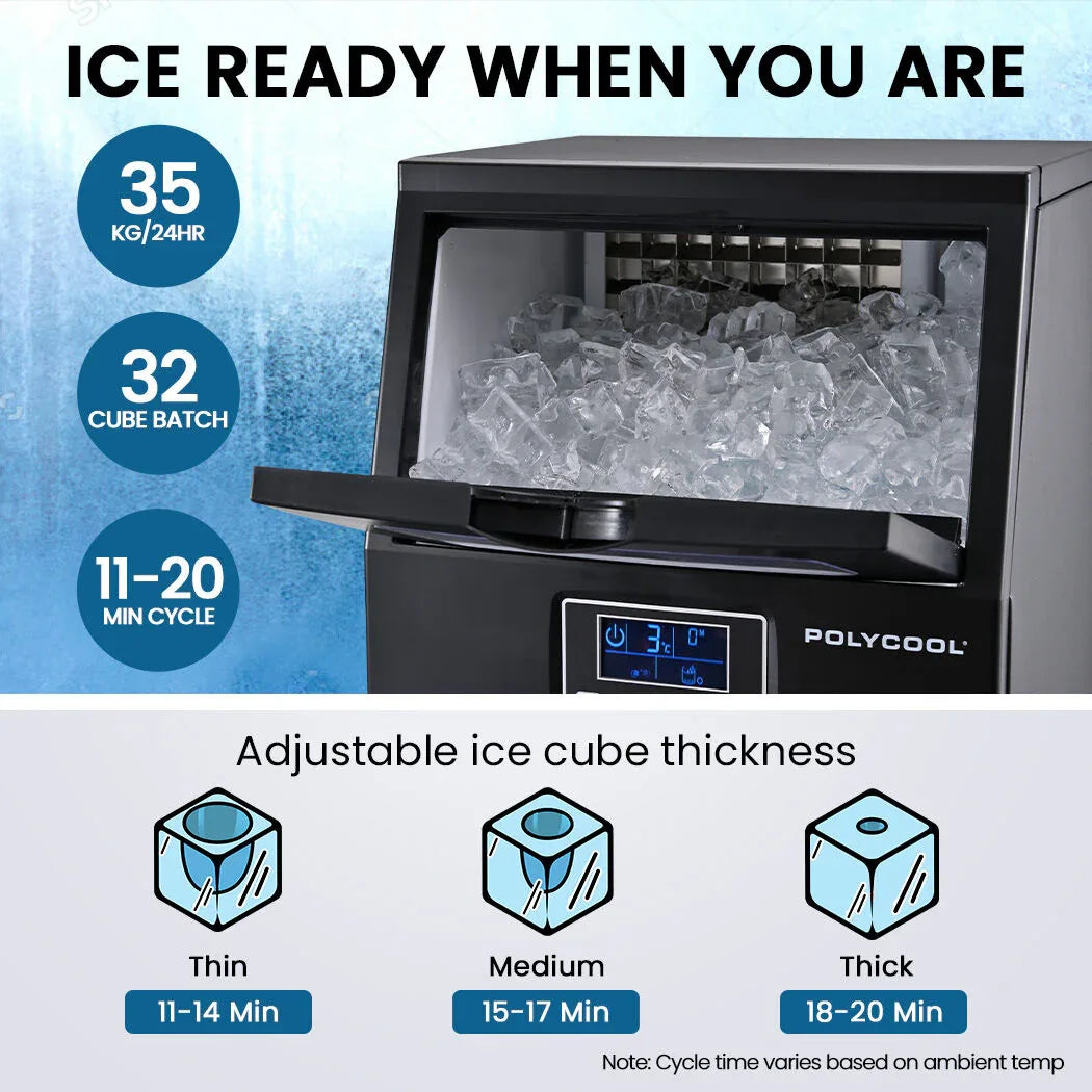 POLYCOOL Commercial Ice Maker Machine, up to 35kg/24hr, Timer & Self Cleaning Programs - Mekamart Australia