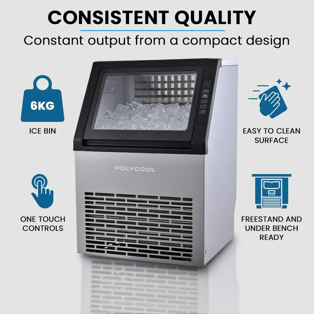 POLYCOOL Commercial Ice Maker Machine, up to 45kg/24hr, Timer & Self Cleaning Programs - Mekamart Australia