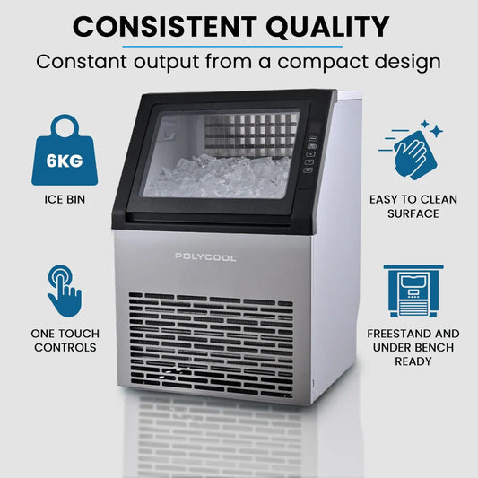 POLYCOOL Commercial Ice Maker Machine, up to 45kg/24hr, Timer & Self Cleaning Programs - Mekamart Australia