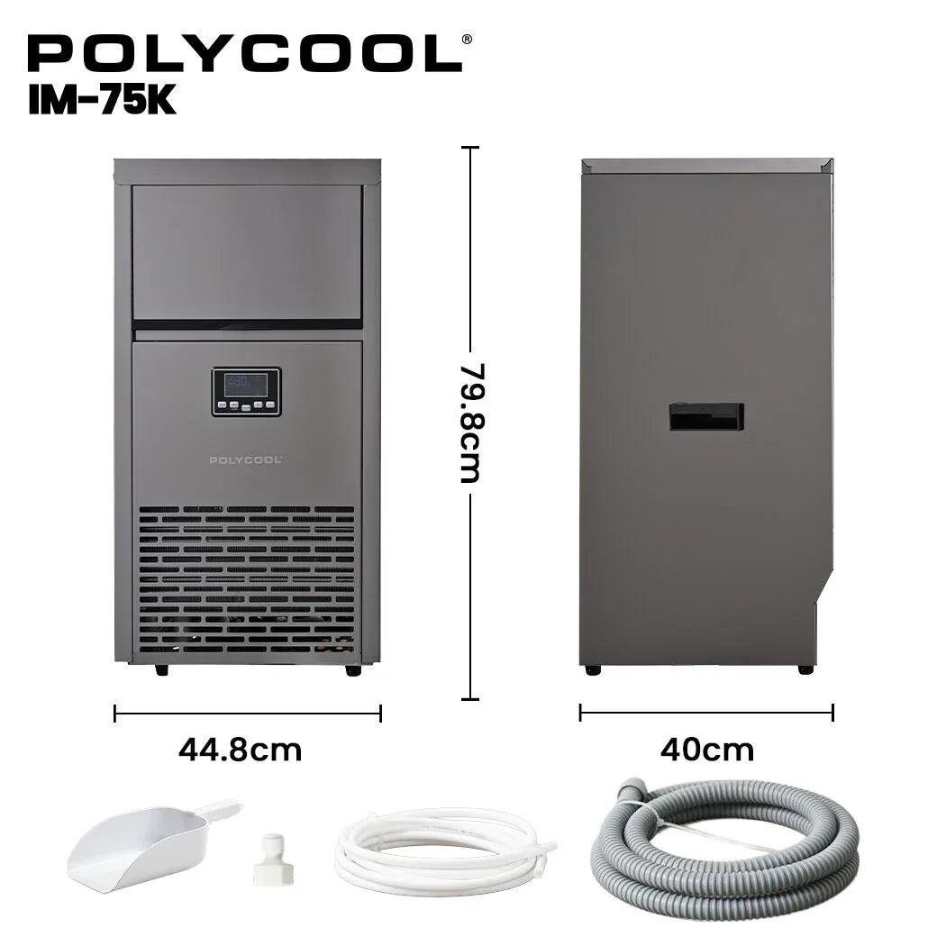 POLYCOOL Commercial Ice Maker Machine, up to 75kg/24hr, Timer & Self Cleaning Programs - Mekamart Australia