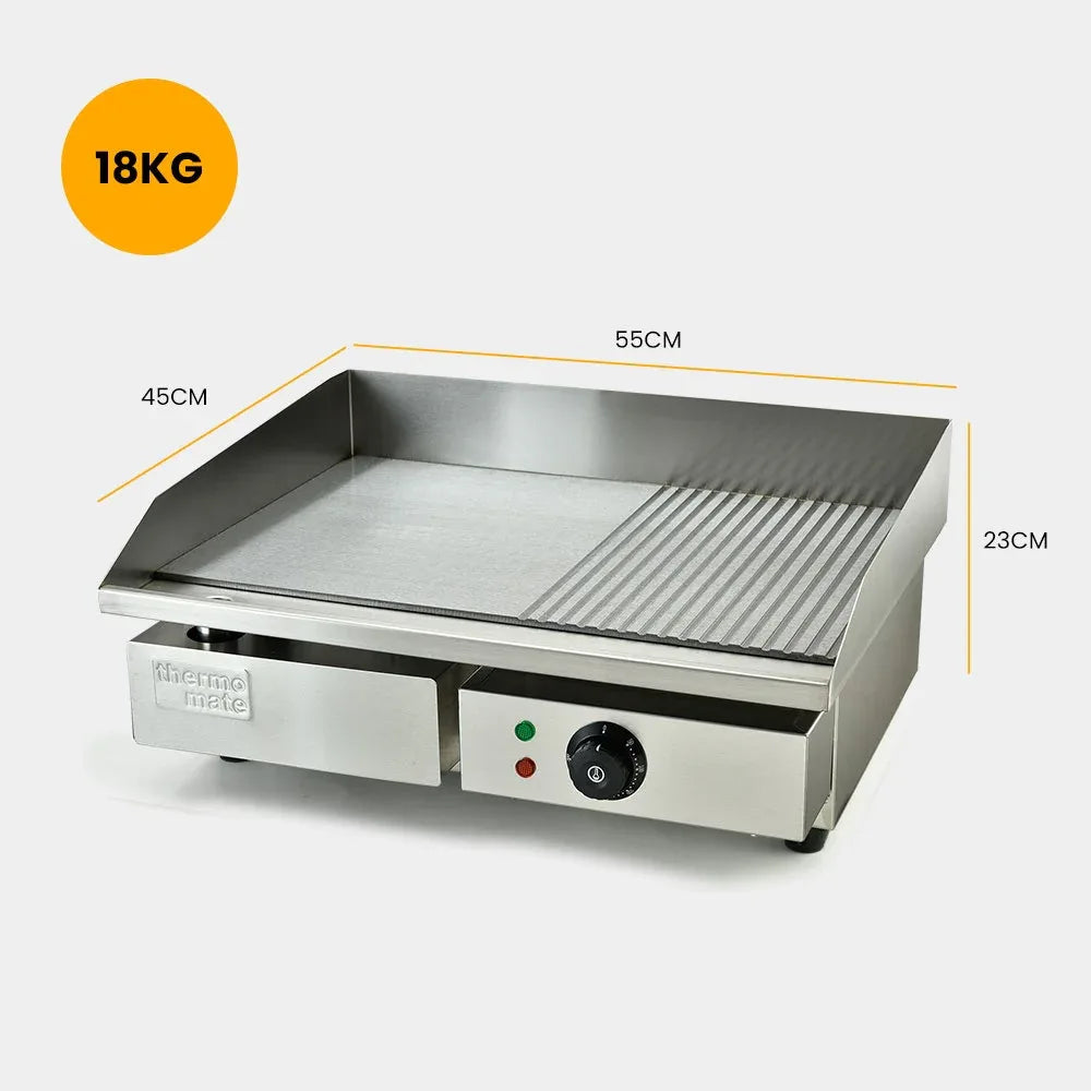 THERMOMATE Commercial Electric Griddle TH-G04, 2400W 55x35cm Half Ribbed Surface - Mekamart Australia