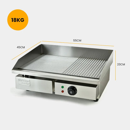 THERMOMATE Commercial Electric Griddle TH-G04, 2400W 55x35cm Half Ribbed Surface - Mekamart Australia