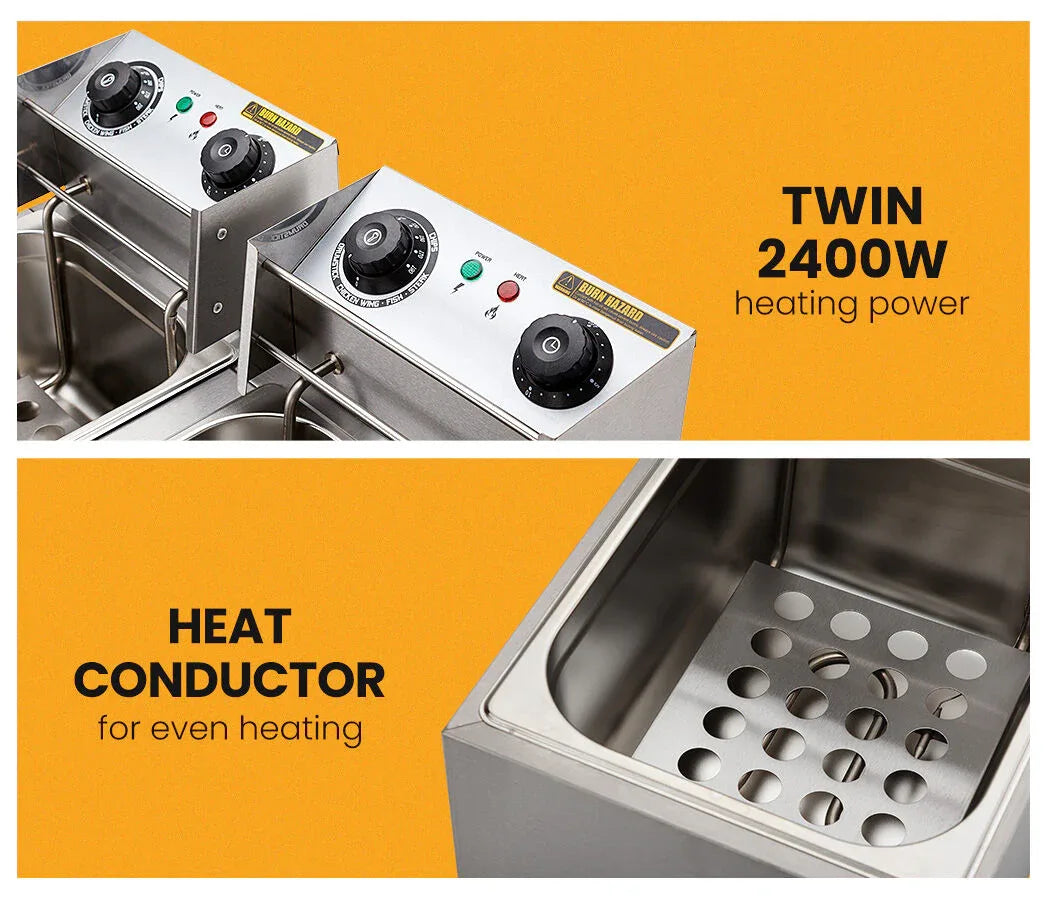 EuroChef Commercial Electric Deep Fryer Twin Frying Basket Chip Cooker Fry - Mekamart Australia