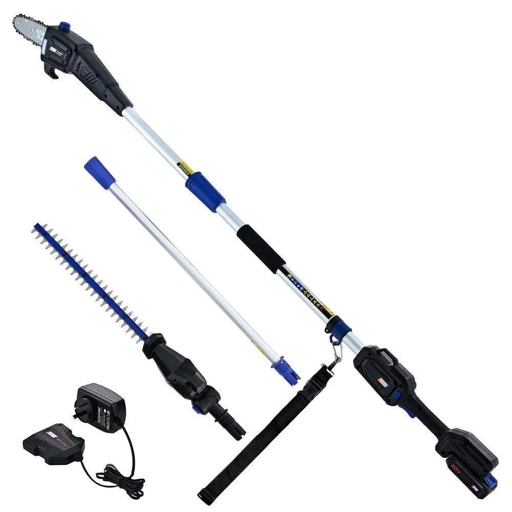 POWERBLADE 20V Cordless Pole Saw & Hedge Trimmer Combo, 8" Chainsaw Pruner & 20" Hedger, Telescopic Handle, Battery and Fast Charger Kit - Mekamart Australia