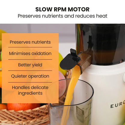 EUROCHEF Cold Press Slow Juicer Machine, Large Chute, 200W, White - Mekamart Australia