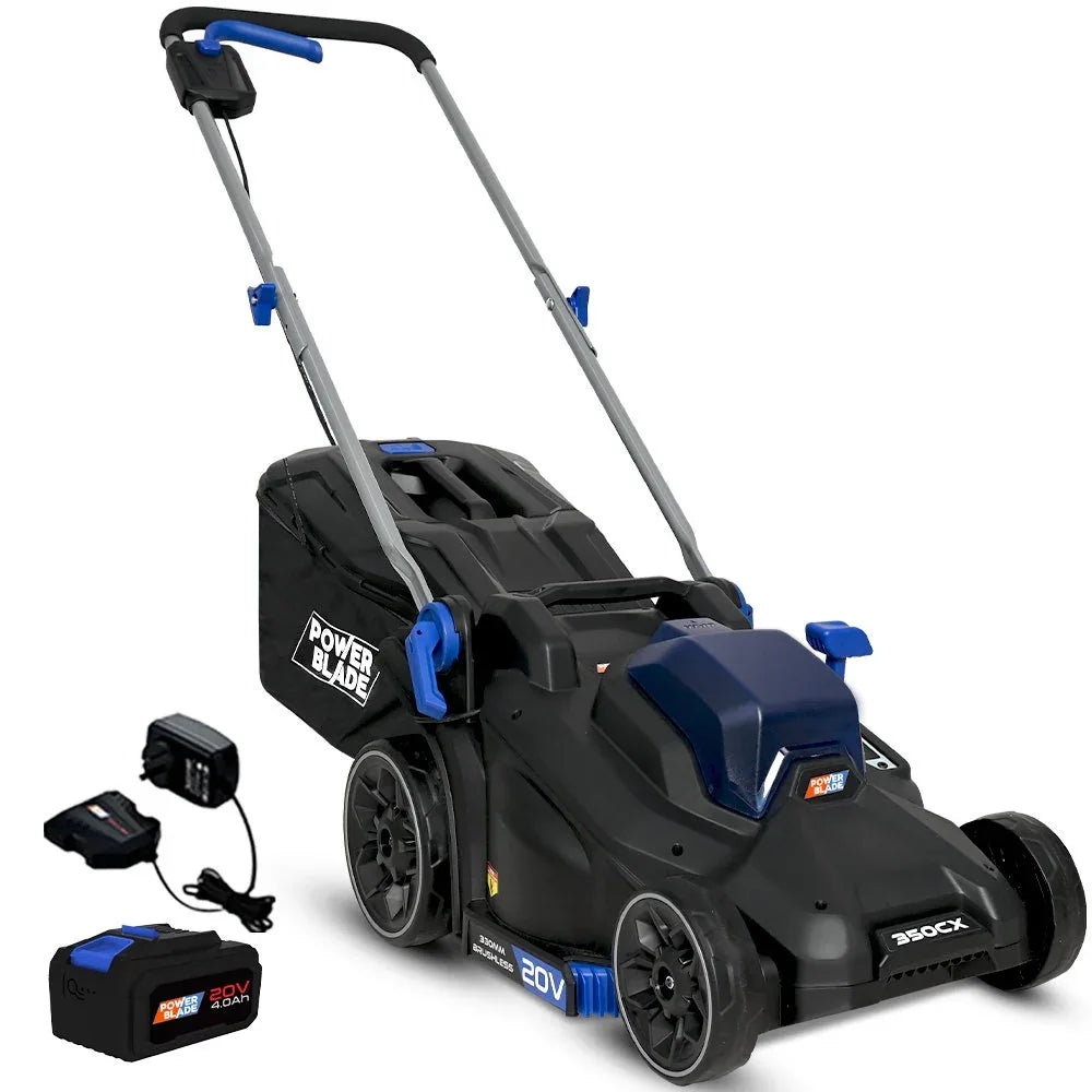 POWERBLADE 350CX 20V 13" Cordless Lawn Mower Kit, Fast Charger, 4Ah Battery, 5 Height, Brushless Electric, 330mm Cutting Path - Mekamart Australia