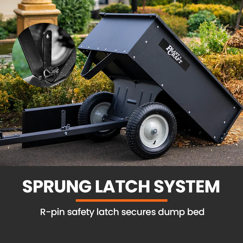 PLANTCRAFT 270kg Capacity Metal Dump Cart Garden Lawn Yard Farm Trolley, Tow Behind Ride on Mower - Mekamart Australia