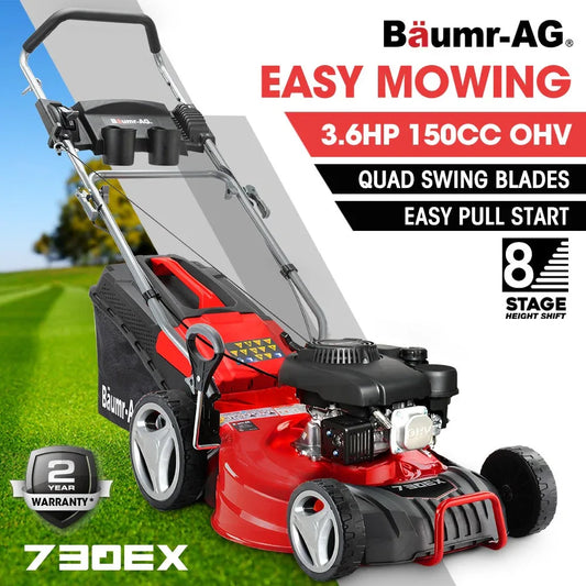 BAUMR-AG 18" 150cc Lawn Mower, 8 Heights, Steel Deck, Cup Holders, 4-Stroke Petrol Lawnmower - 730EX - Mekamart Australia