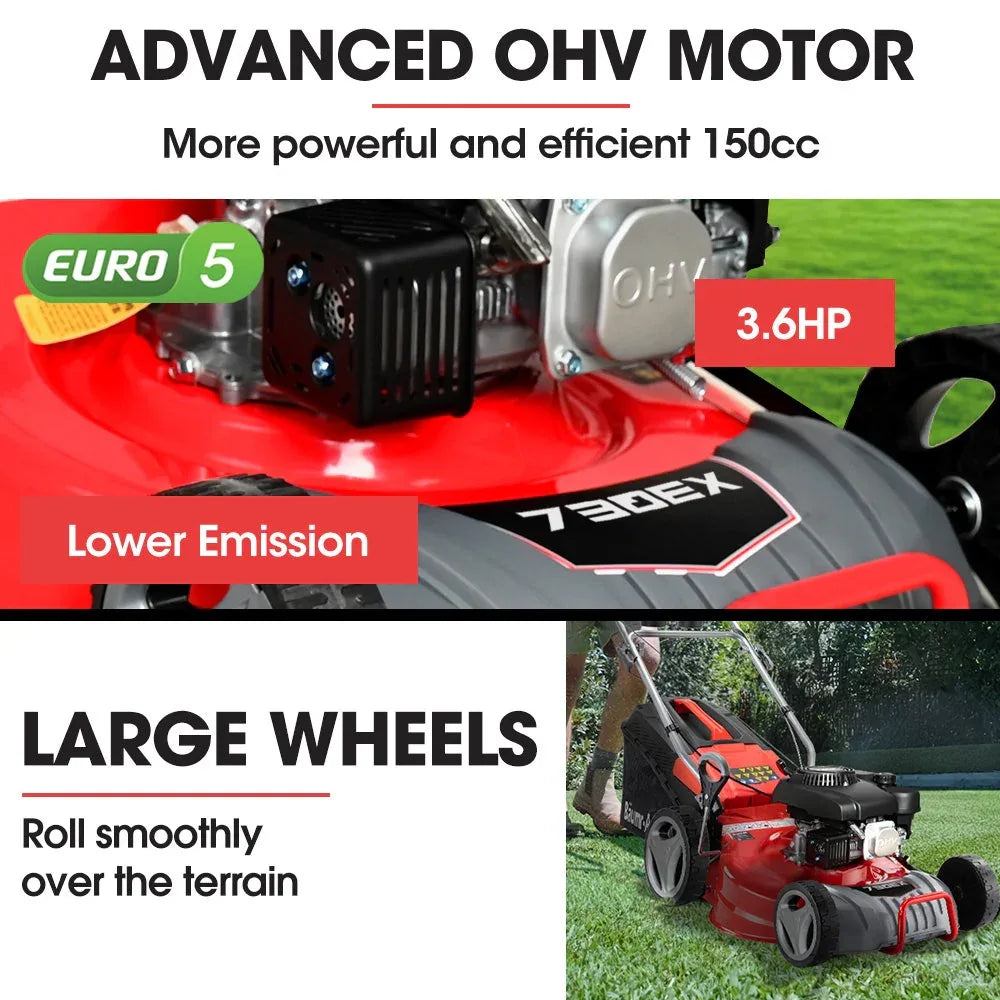 BAUMR-AG 18" 150cc Lawn Mower, 8 Heights, Steel Deck, Cup Holders, 4-Stroke Petrol Lawnmower - 730EX - Mekamart Australia