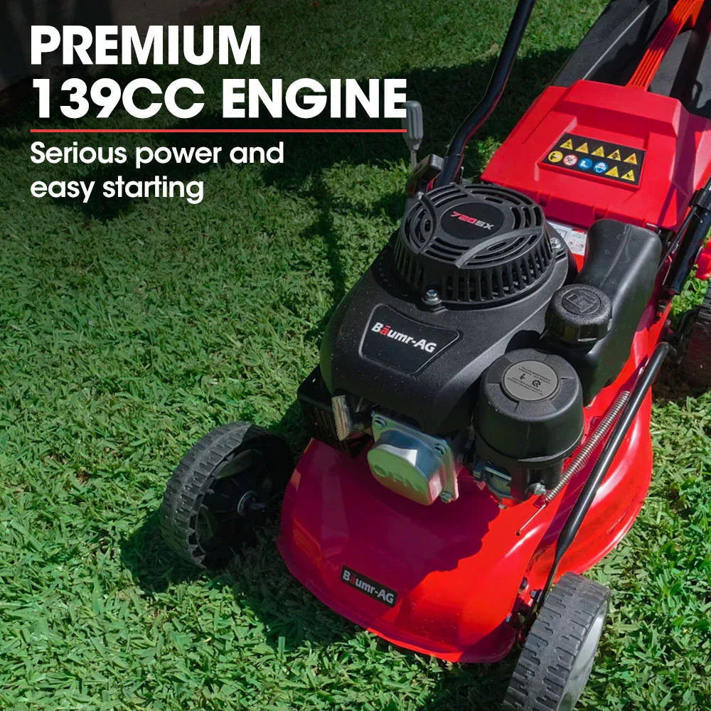 Baumr-AG Lawn Mower 139CC 17 Petrol Push Lawnmower 4-Stroke Engine Catch - Mekamart Australia