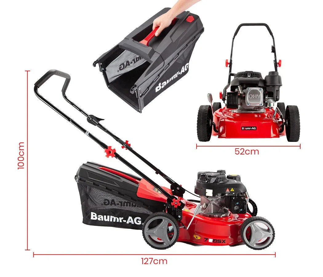 Baumr-AG Lawn Mower 139CC 17 Petrol Push Lawnmower 4-Stroke Engine Catch - Mekamart Australia
