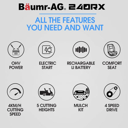 BAUMR-AG 24" Ride On Lawn Mower, Lithium Electric Start System, 6HP 224cc, 5 Cut Heights, Catcher and Mulch Kit - Mekamart Australia