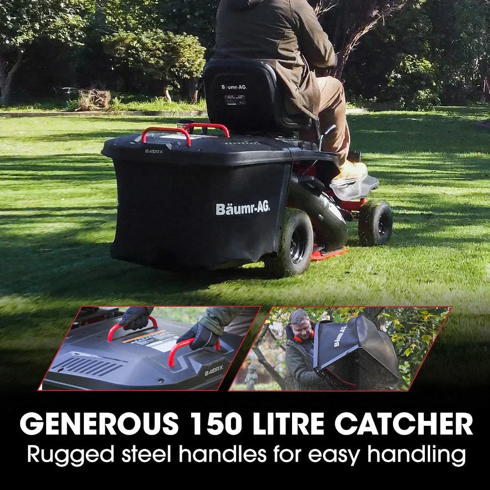 BAUMR-AG 24" Ride On Lawn Mower, Lithium Electric Start System, 6HP 224cc, 5 Cut Heights, Catcher and Mulch Kit - Mekamart Australia