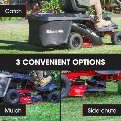 BAUMR-AG 24" Ride On Lawn Mower, Lithium Electric Start System, 6HP 224cc, 5 Cut Heights, Catcher and Mulch Kit - Mekamart Australia