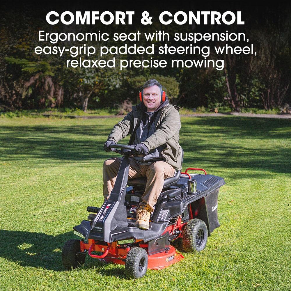 BAUMR-AG 24" Ride On Lawn Mower, Lithium Electric Start System, 6HP 224cc, 5 Cut Heights, Catcher and Mulch Kit - Mekamart Australia