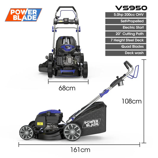 POWERBLADE 20" 200cc Self-Propelled Lawn Mower, Electric Start, 7 Height, Steel Deck, Deck Wash Port, OHV 4-Stroke Petrol - VS950 - Mekamart Australia