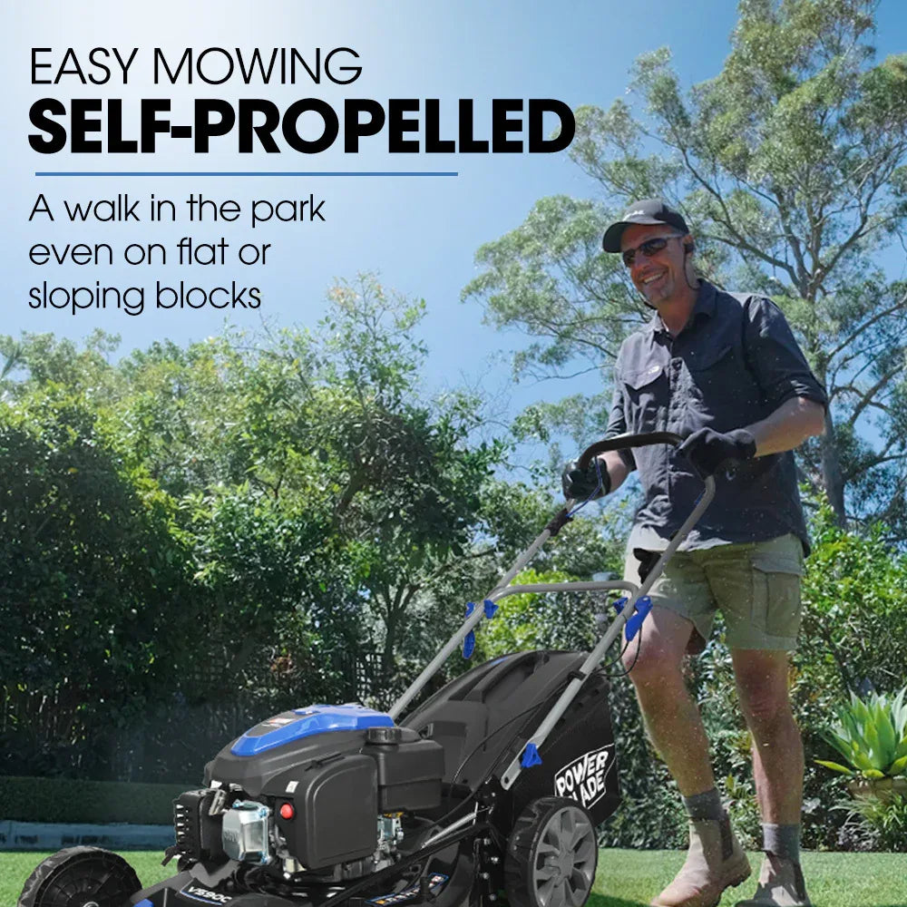 PowerBlade 20" 200cc Self-Propelled Lawn Mower, 7 Height, Steel Deck, Deck Wash Port, OHV 4-Stroke Petrol - VS900 - Mekamart Australia