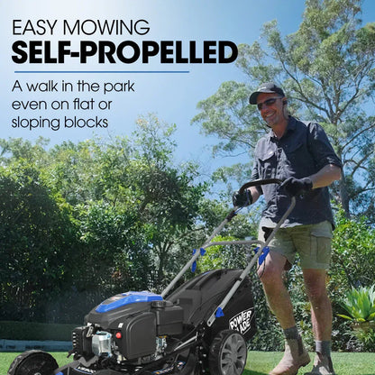 PowerBlade 20" 200cc Self-Propelled Lawn Mower, 7 Height, Steel Deck, Deck Wash Port, OHV 4-Stroke Petrol - VS900 - Mekamart Australia