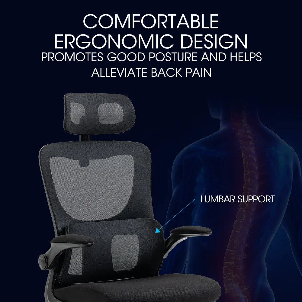 FORTIA Ergonomic Office Desk Chair, Lumbar Support, Mesh Fabric, Adjustable Headrest, Retractable Armrests, Black - Mekamart Australia
