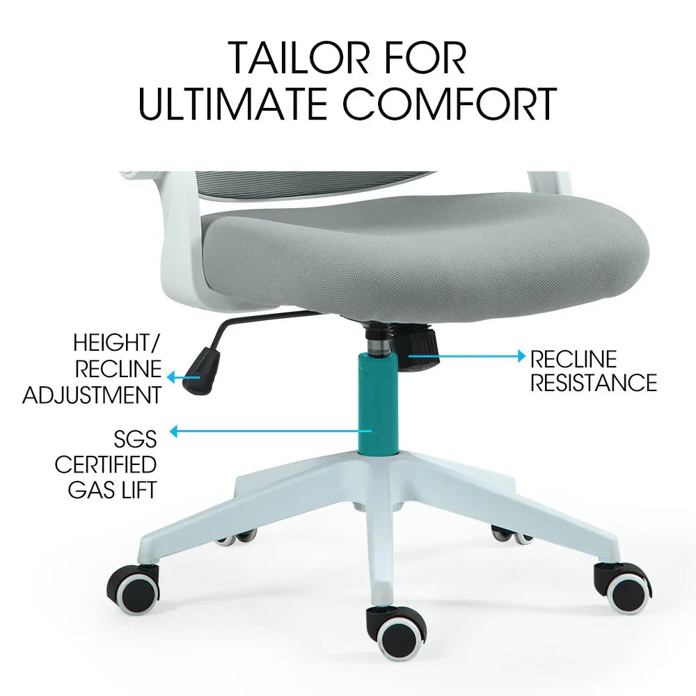 Fortia Ergonomic Office Desk Chair, Coolmesh Fabric, Adjustable Recline, Grey Mesh/White Frame - Mekamart Australia