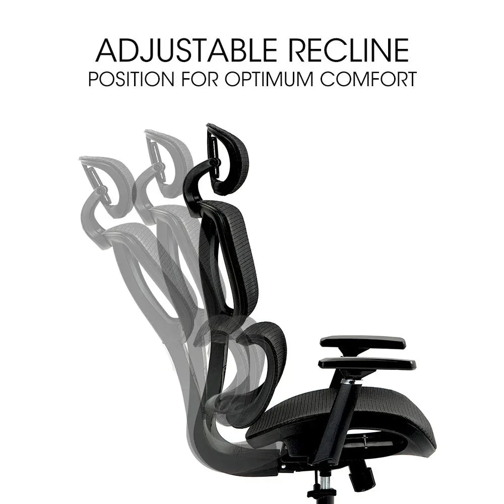 Fortia Ergonomic Office Desk Chair, Coolmesh Fabric, Adjustable Lumbar Support, Headrest, Armrest and Recline, Black Mesh/Black Frame - Mekamart Australia