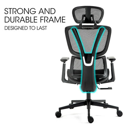Fortia Ergonomic Office Desk Chair, Coolmesh Fabric, Adjustable Lumbar Support, Headrest, Armrest and Recline, Black Mesh/Black Frame - Mekamart Australia