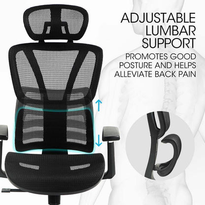 Fortia Ergonomic Office Desk Chair, Coolmesh Fabric, Adjustable Lumbar Support, Headrest, Armrest and Recline, Black Mesh/Black Frame - Mekamart Australia