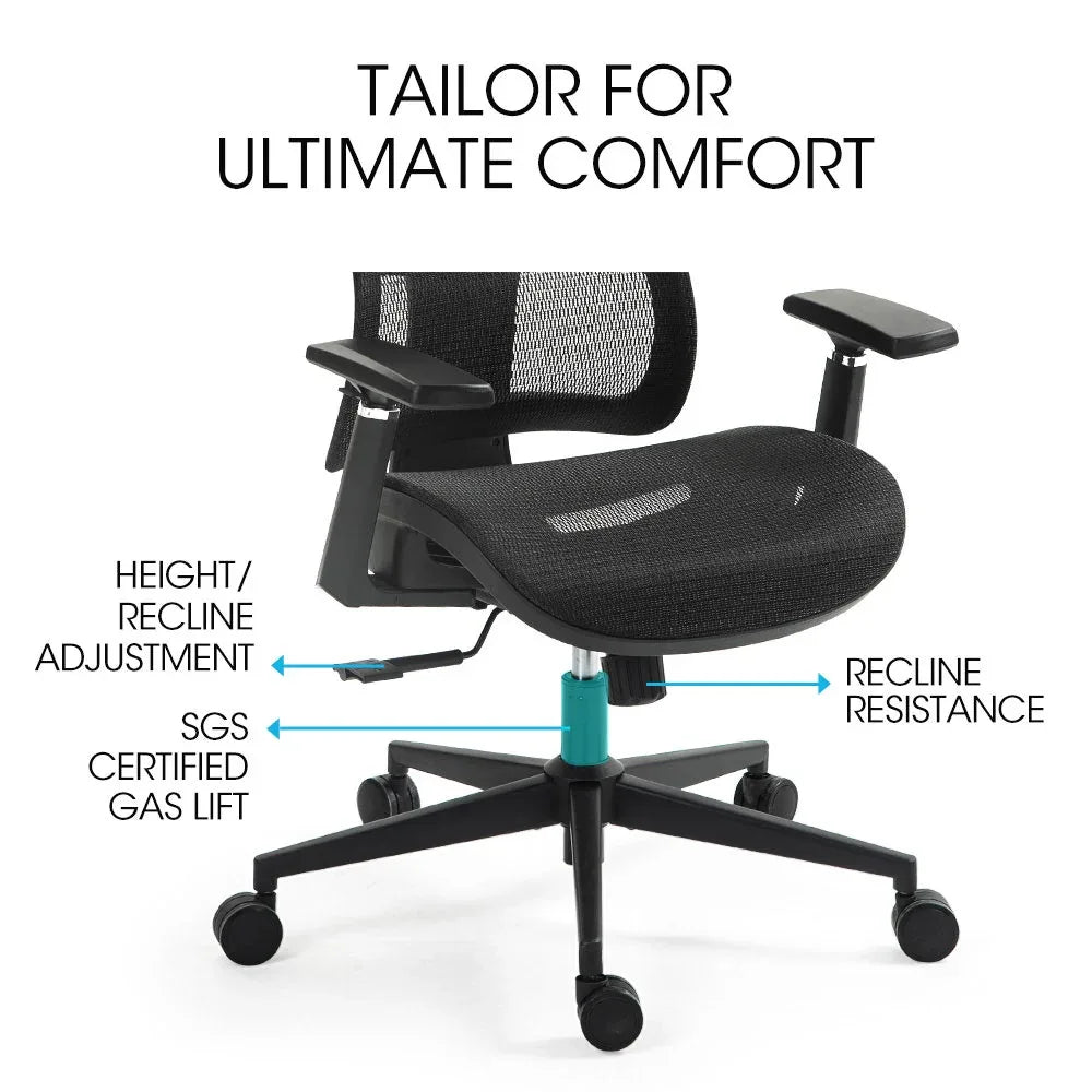 Fortia Ergonomic Office Desk Chair, Coolmesh Fabric, Adjustable Lumbar Support, Headrest, Armrest and Recline, Black Mesh/Black Frame - Mekamart Australia