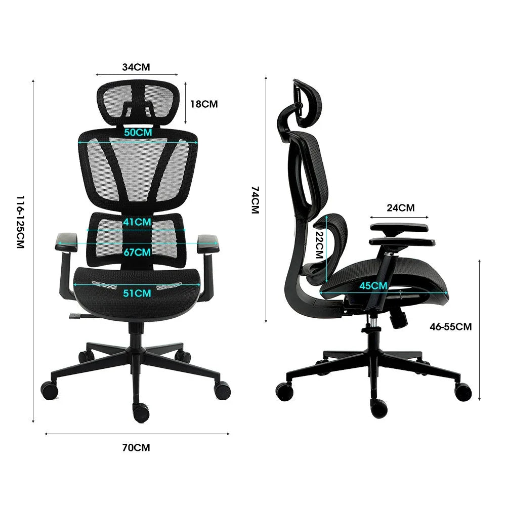 Fortia Ergonomic Office Desk Chair, Coolmesh Fabric, Adjustable Lumbar Support, Headrest, Armrest and Recline, Black Mesh/Black Frame - Mekamart Australia