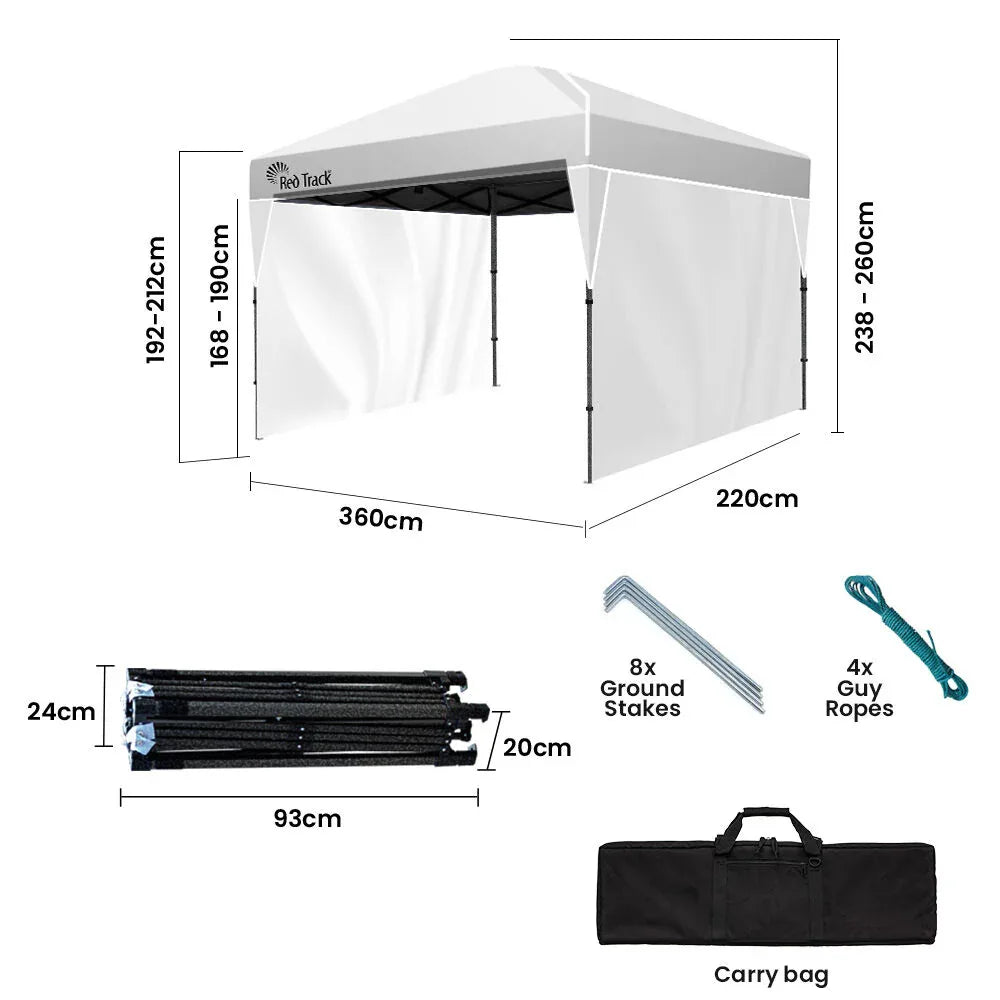 RED TRACK 3.6x2.2m Ultra Compact Folding Gazebo, Walls, Carry bag, Portable Outdoor Popup Marquee for Camping Beach, White - Mekamart Australia