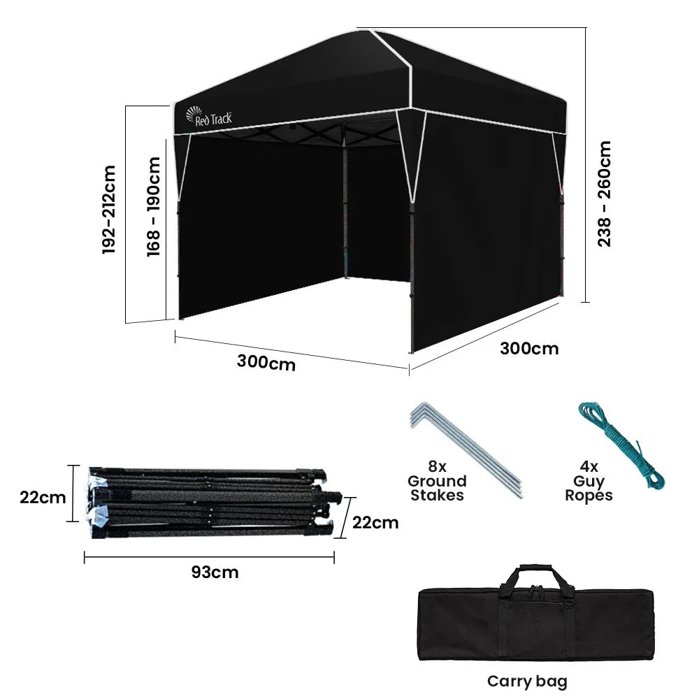 RED TRACK 3x3m Ultra Compact Folding Gazebo, Walls, Carry bag, Portable Outdoor Popup Marquee for Camping Beach, Black - Mekamart Australia