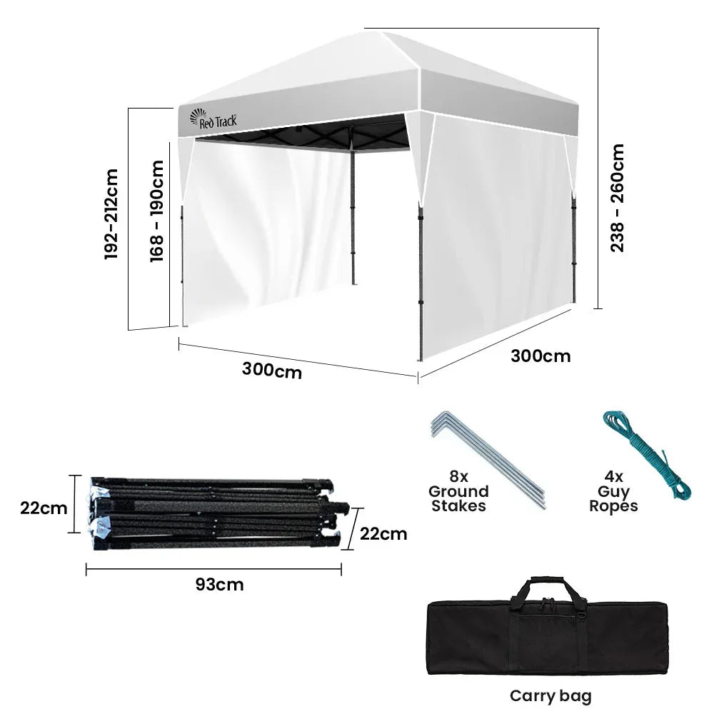 RED TRACK 3x3m Ultra Compact Folding Gazebo, Walls, Carry bag, Portable Outdoor Popup Marquee for Camping Beach, White - Mekamart Australia