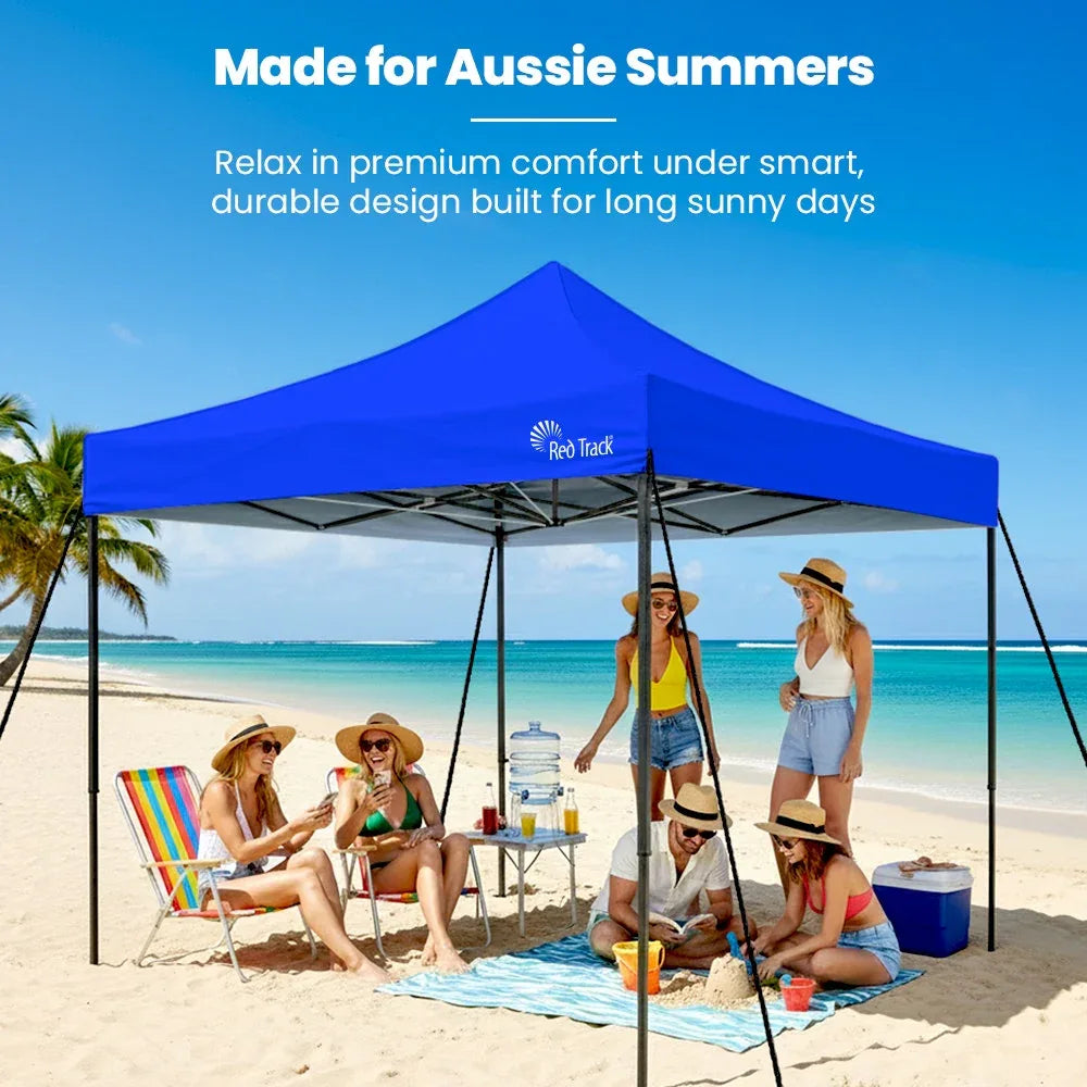 RED TRACK 3x3m Premium Pop Up Gazebo Marquee, Patented Steel Cable Canopy Support System, Wheeled Carry Bag, Side Walls, UV Block, Reinforced Frame, Blue - Mekamart Australia