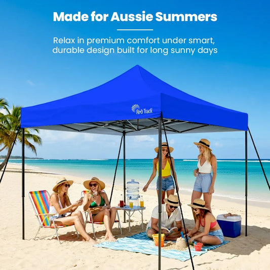 RED TRACK 3x3m Premium Pop Up Gazebo Marquee, Patented Steel Cable Canopy Support System, Wheeled Carry Bag, Side Walls, UV Block, Reinforced Frame, Blue - Mekamart Australia