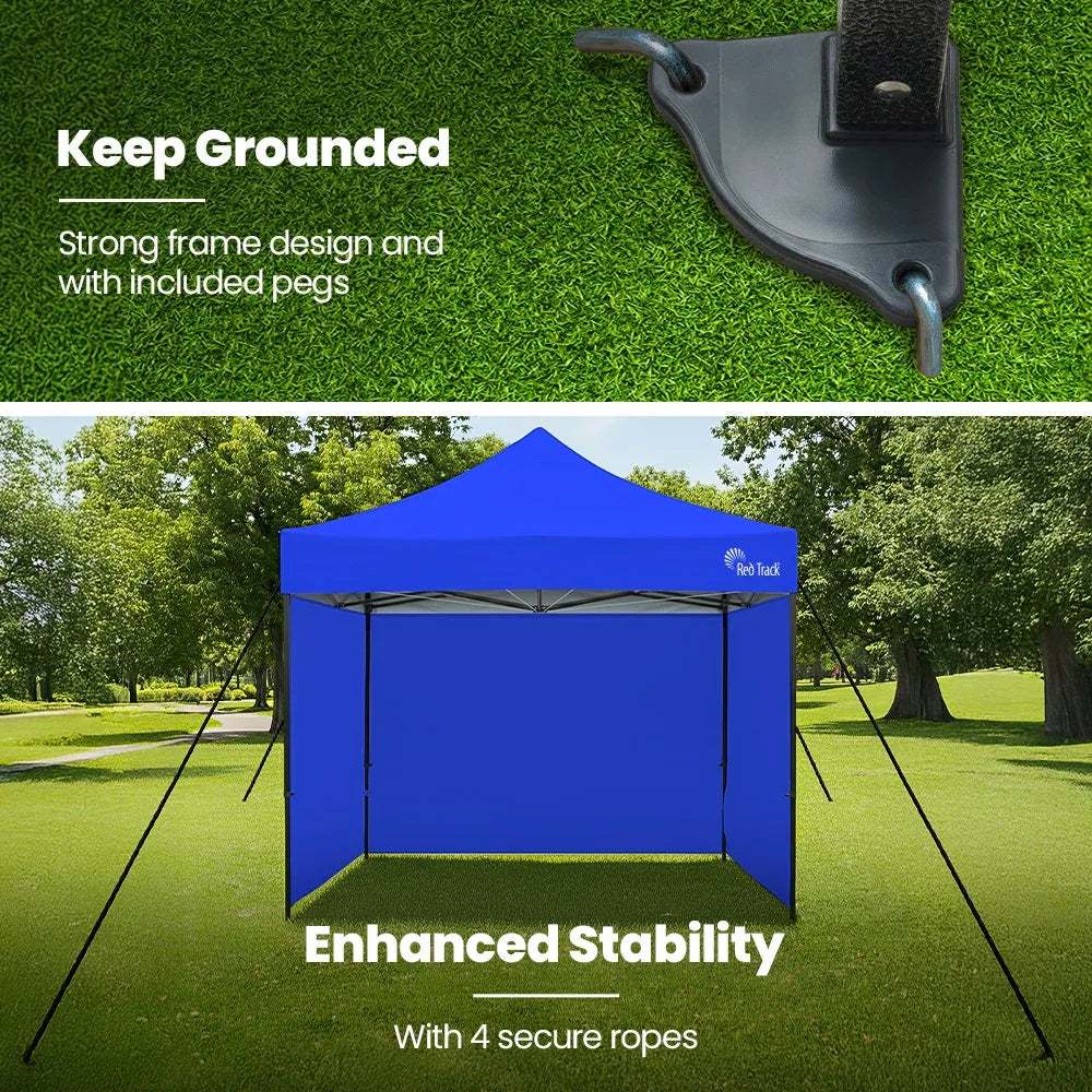 RED TRACK 3x3m Premium Pop Up Gazebo Marquee, Patented Steel Cable Canopy Support System, Wheeled Carry Bag, Side Walls, UV Block, Reinforced Frame, Blue - Mekamart Australia