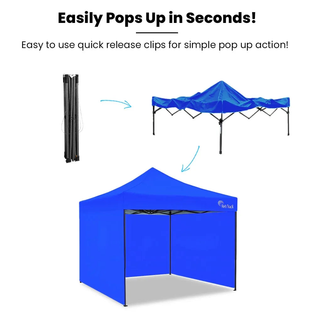 RED TRACK 3x3m Premium Pop Up Gazebo Marquee, Patented Steel Cable Canopy Support System, Wheeled Carry Bag, Side Walls, UV Block, Reinforced Frame, Blue - Mekamart Australia
