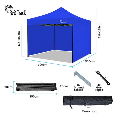 RED TRACK 3x3m Premium Pop Up Gazebo Marquee, Patented Steel Cable Canopy Support System, Wheeled Carry Bag, Side Walls, UV Block, Reinforced Frame, Blue - Mekamart Australia